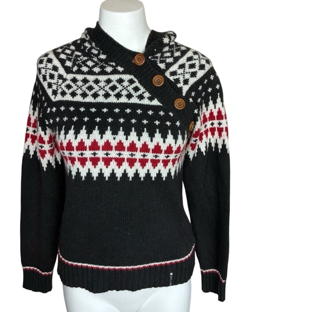 Burton Sweater Hoodie Black/Red Ski Nordic Women's Small Button Knit Fair Isle